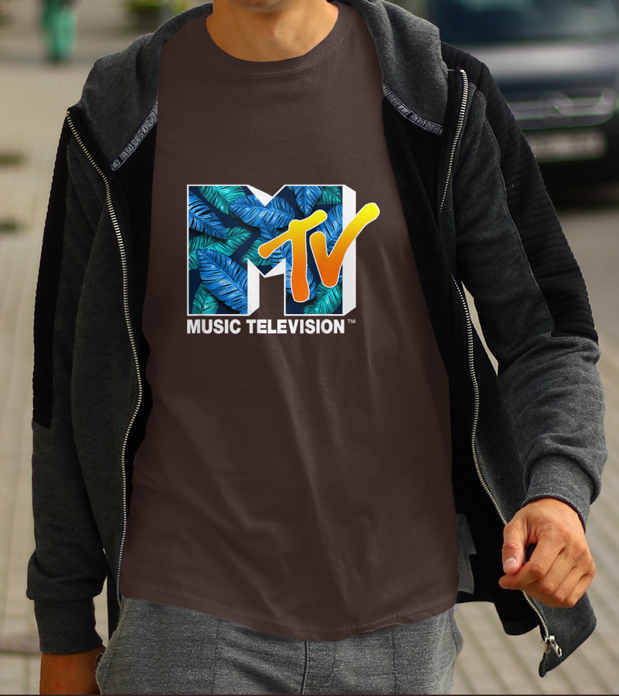 MTV Music Television Blue Green Tropical Leaf Fill T-Shirt