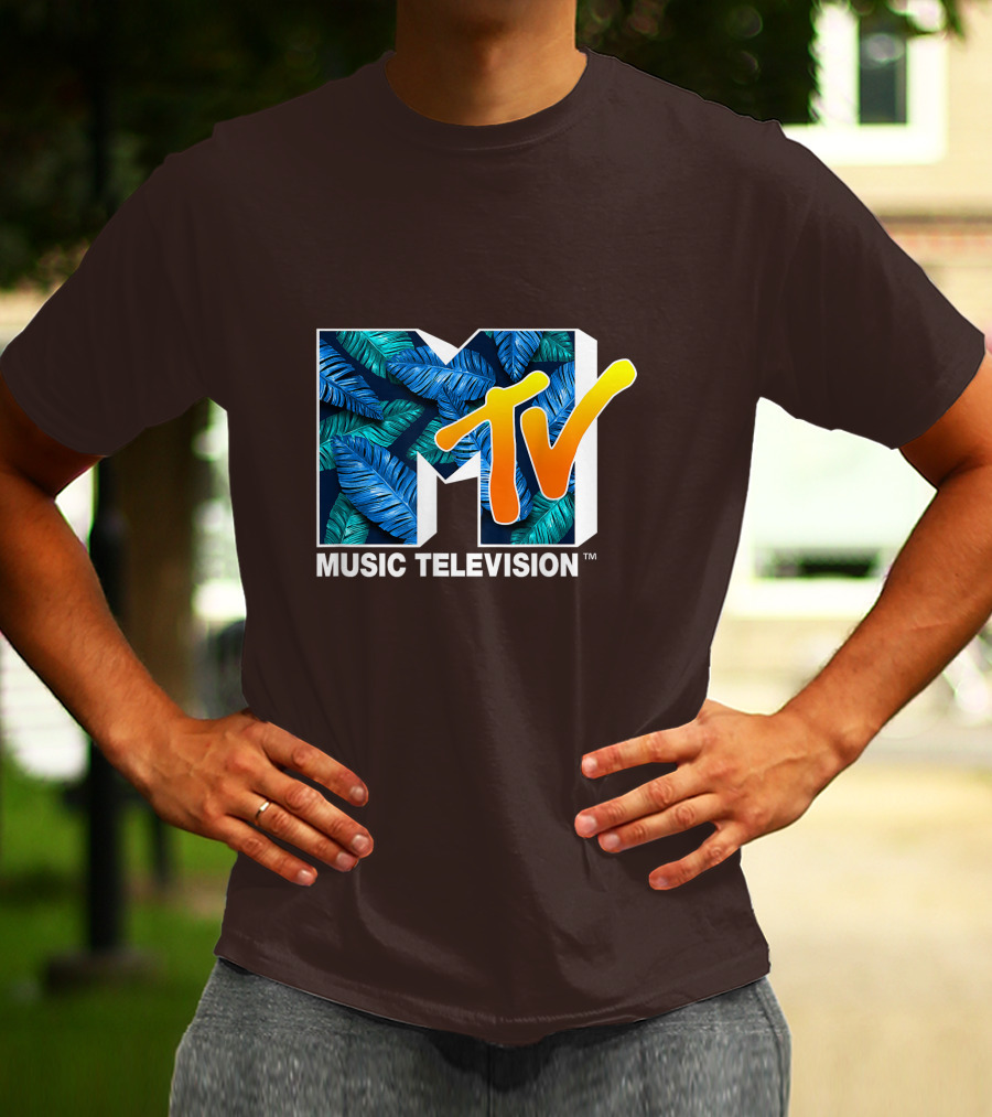 MTV Music Television Blue Green Tropical Leaf Fill T-Shirt