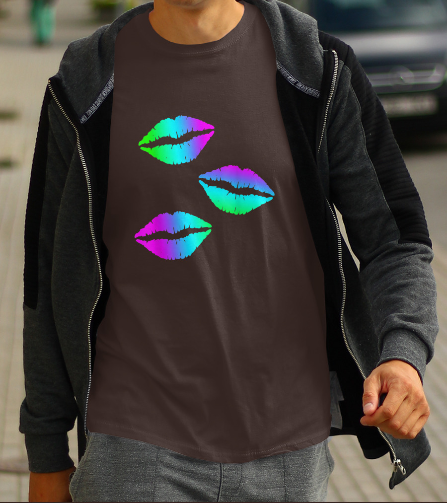 Funky Bright Neon Colours 80s Lipstick Rainbow Kiss Prints T-Shirt