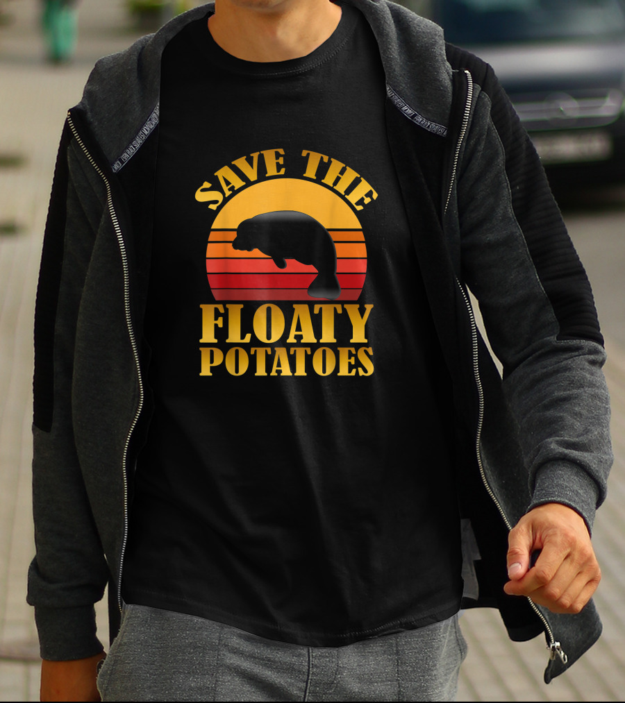 Save The Floaty Potatoes Manatee Retro Sunset Conservation T-Shirt