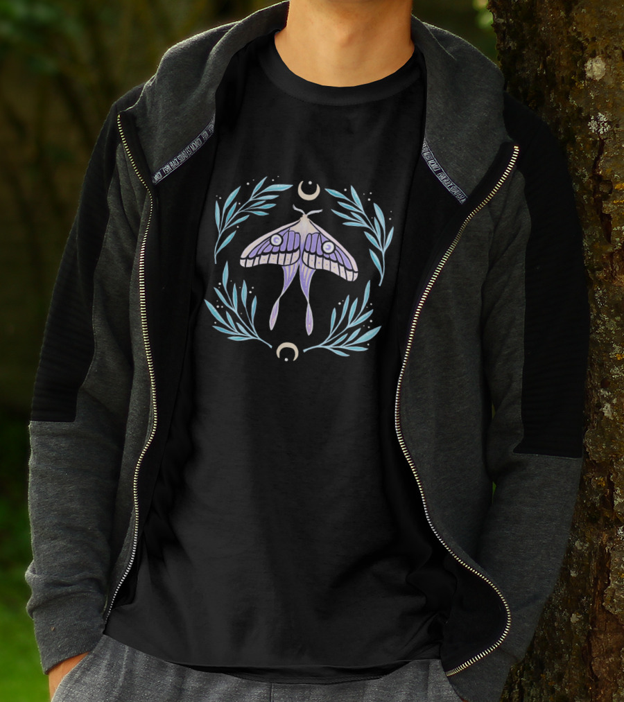 Luna Moth With Crescent Moon And Foliage Circular Motif T-Shirt