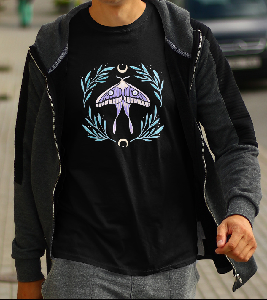 Luna Moth With Crescent Moon And Foliage Circular Motif T-Shirt