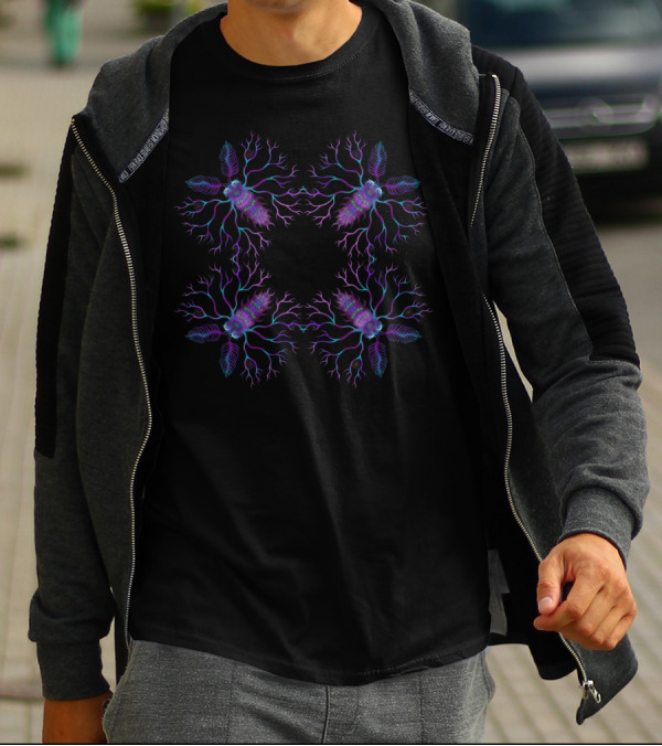The Moth Trap Symmetrical Neon Moth Pattern With Luminous Roots And Leaves T-Shirt