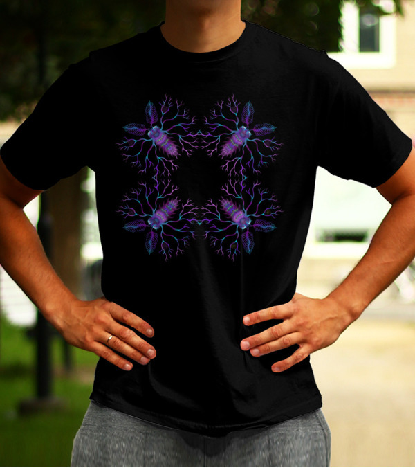The Moth Trap Symmetrical Neon Moth Pattern With Luminous Roots And Leaves T-Shirt