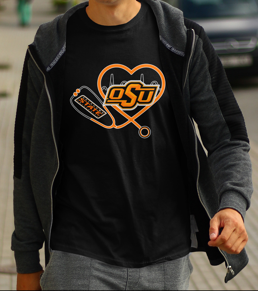OSU Oklahoma State Cowboys Heartbeat Stethoscope T-Shirt