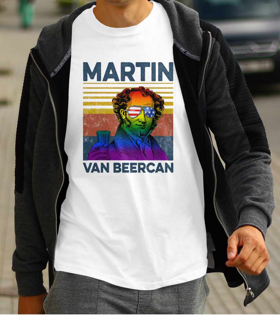 Martin Van Beercan American Flag Sunglasses Retro Drink Stripe T-Shirt