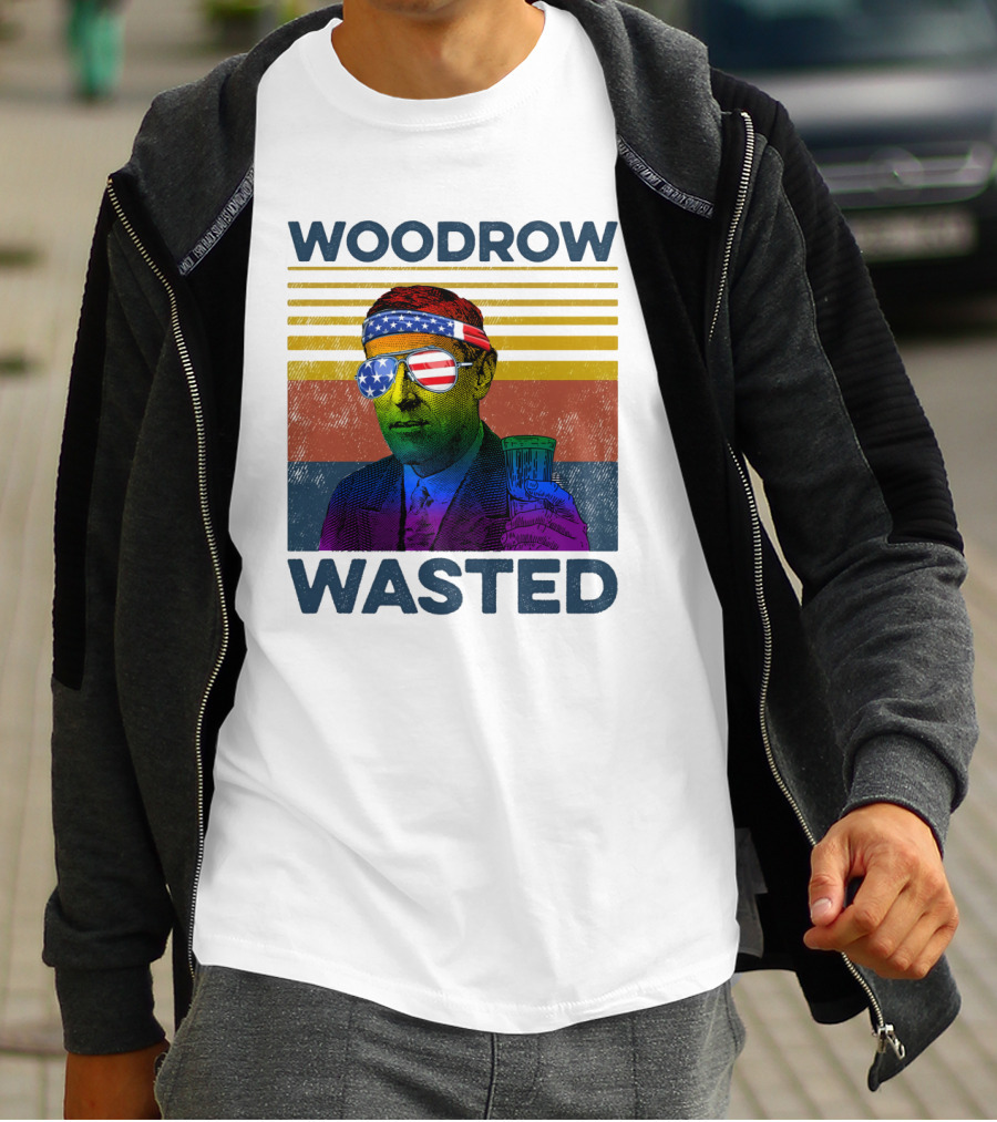 Woodrow Wasted American Flag Sunglasses Beer T-Shirt