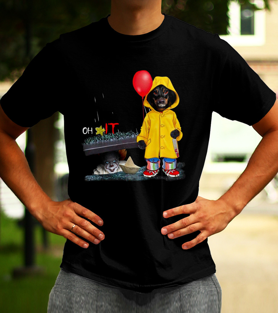 DachshundDs Oh IT With Creepy Clown And Red Balloon In Yellow Raincoat T-Shirt