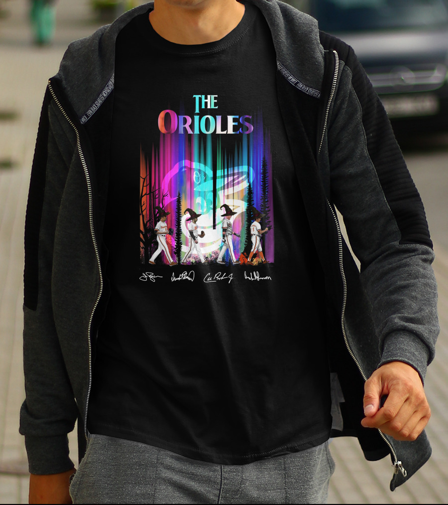The Orioles Players And Signatures With Logo And Rainbow Background T-Shirt