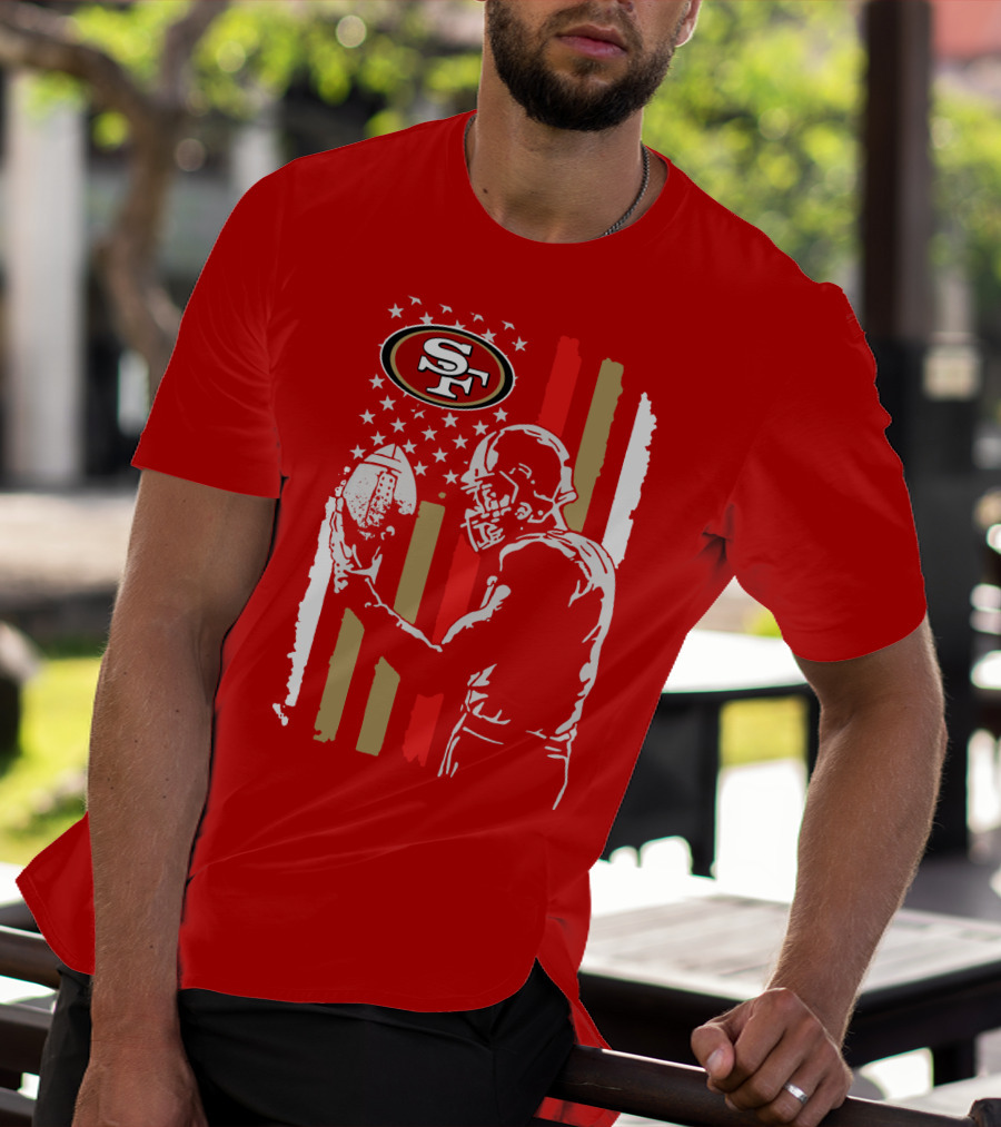 San Francisco 49ers Football Player With Logo And American Flag T-Shirt