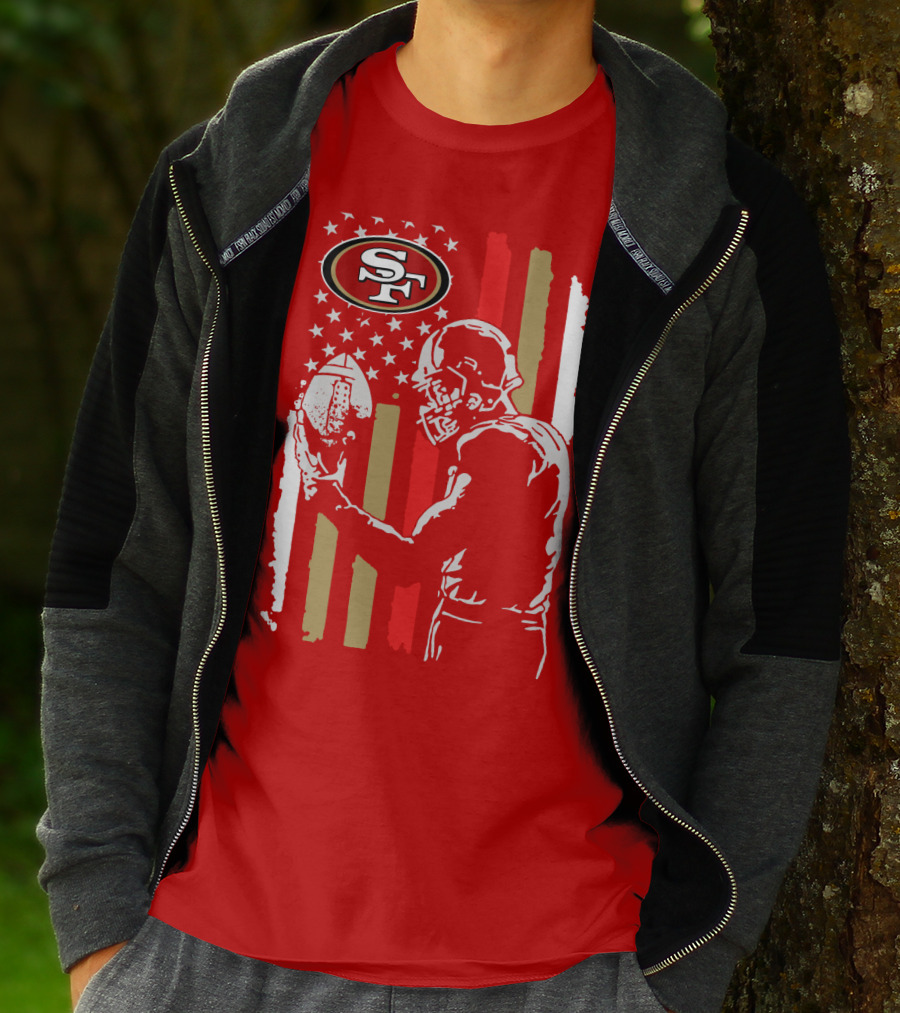 San Francisco 49ers Football Player With Logo And American Flag T-Shirt
