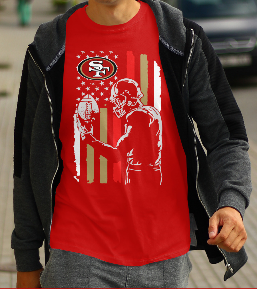 San Francisco 49ers Football Player With Logo And American Flag T-Shirt