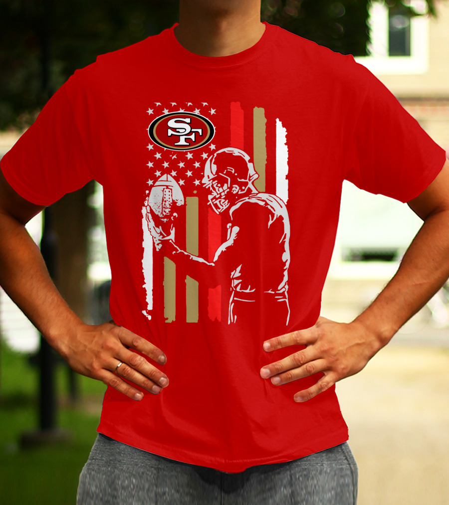 San Francisco 49ers Football Player With Logo And American Flag T-Shirt