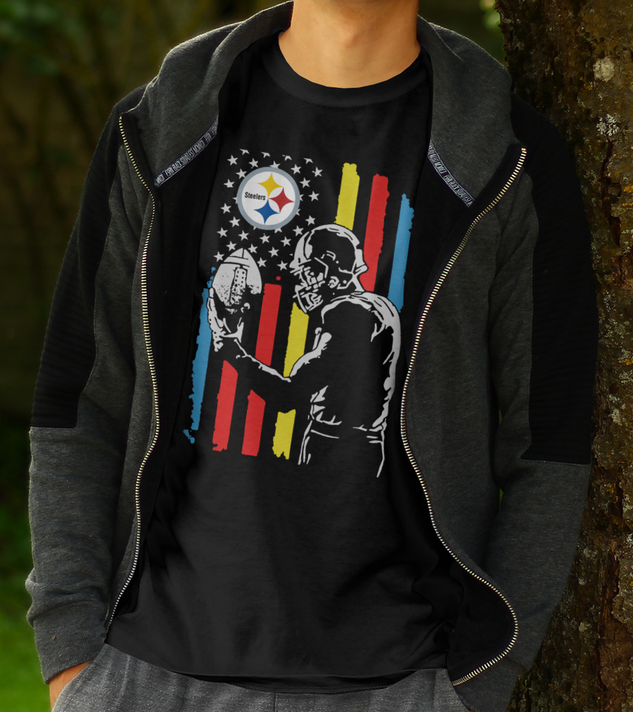 Pittsburgh Steelers American Flag Football Player Silhouette T-Shirt