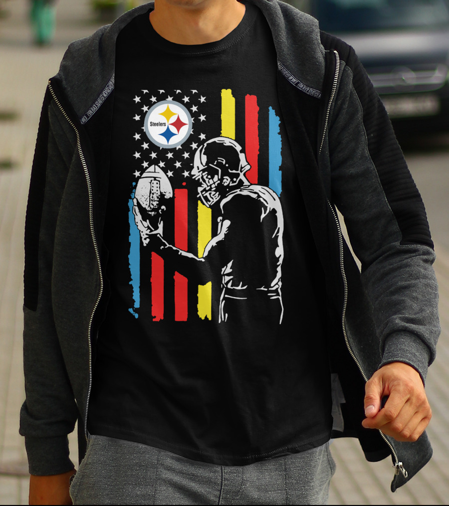 Pittsburgh Steelers American Flag Football Player Silhouette T-Shirt