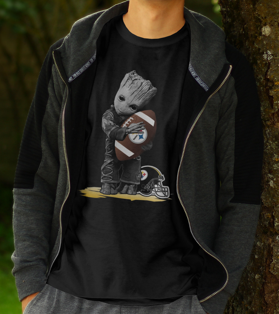 Groot Holding Football With Pittsburgh Steelers Helmet T-Shirt