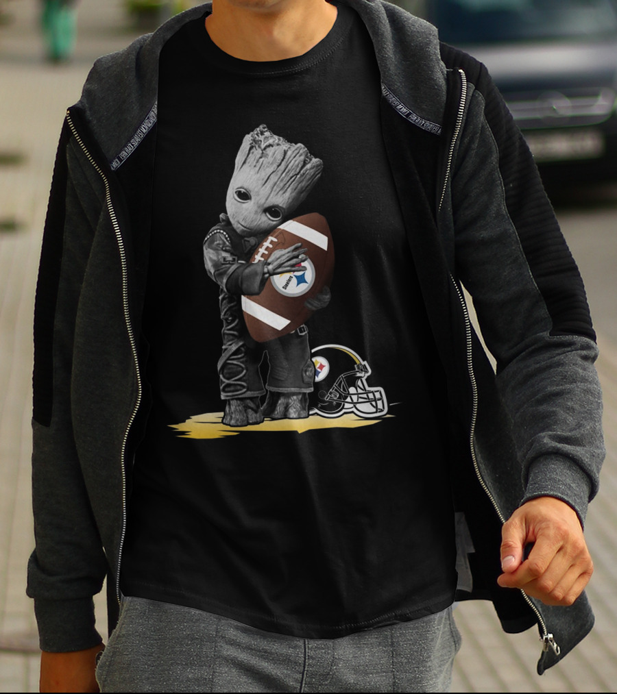 Groot Holding Football With Pittsburgh Steelers Helmet T-Shirt