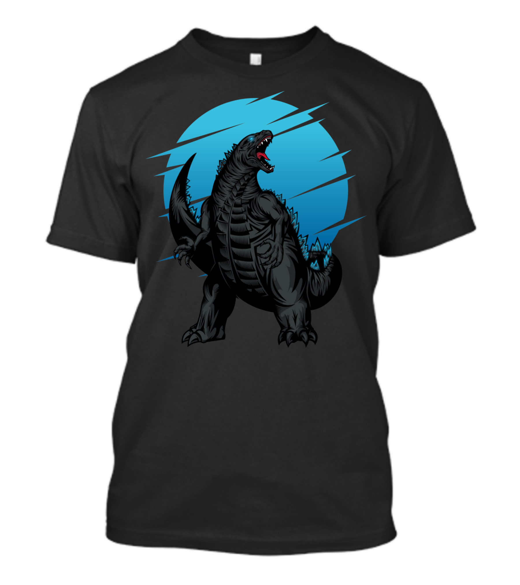 Giant Roaring Monster Silhouette Against Blue Circle Background T-Shirt