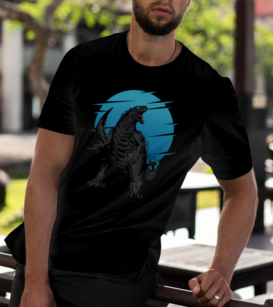 Giant Roaring Monster Silhouette Against Blue Circle Background T-Shirt