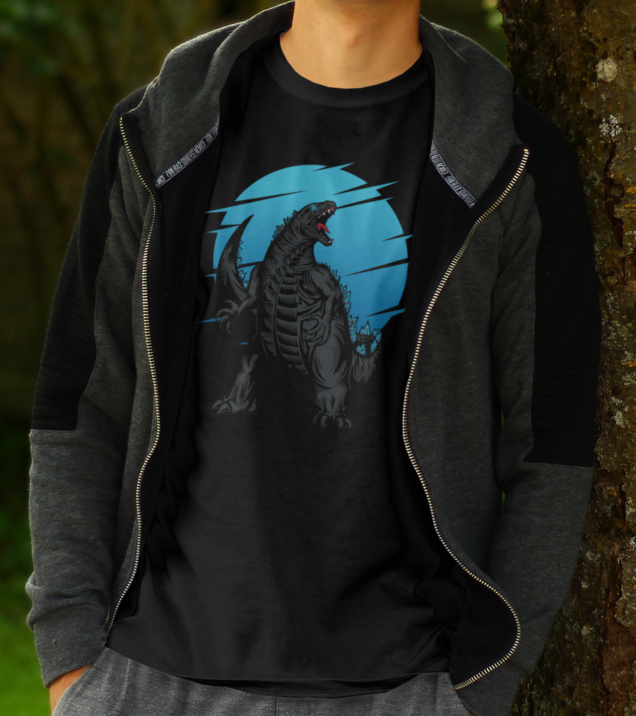 Giant Roaring Monster Silhouette Against Blue Circle Background T-Shirt