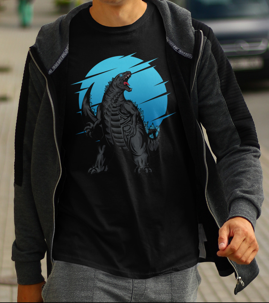 Giant Roaring Monster Silhouette Against Blue Circle Background T-Shirt