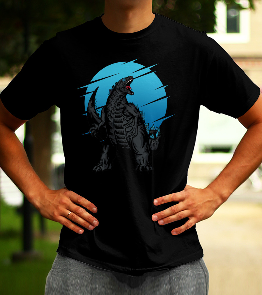 Giant Roaring Monster Silhouette Against Blue Circle Background T-Shirt