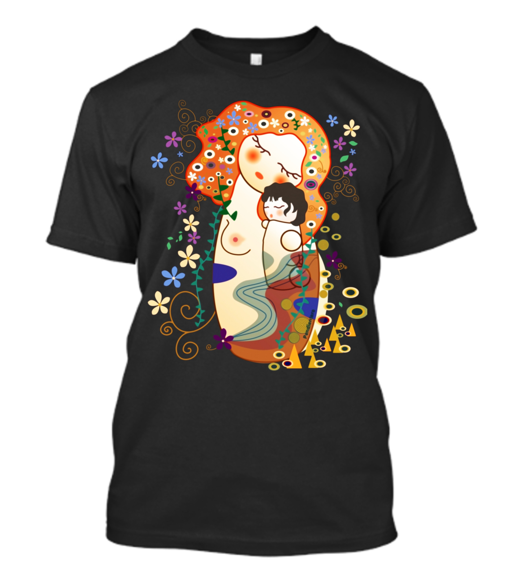 Kokeshi Mother And Child Klimt-Style Floral Artistic T-Shirt