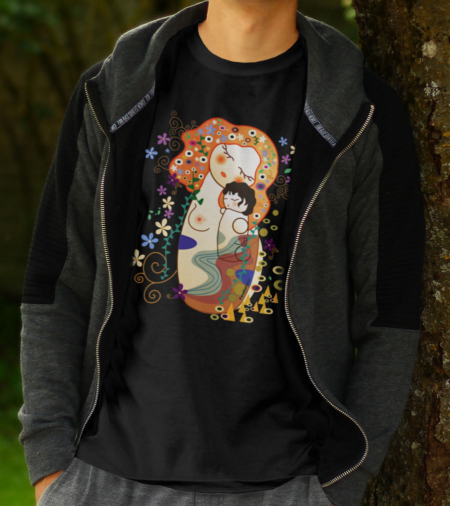 Kokeshi Mother And Child Klimt-Style Floral Artistic T-Shirt