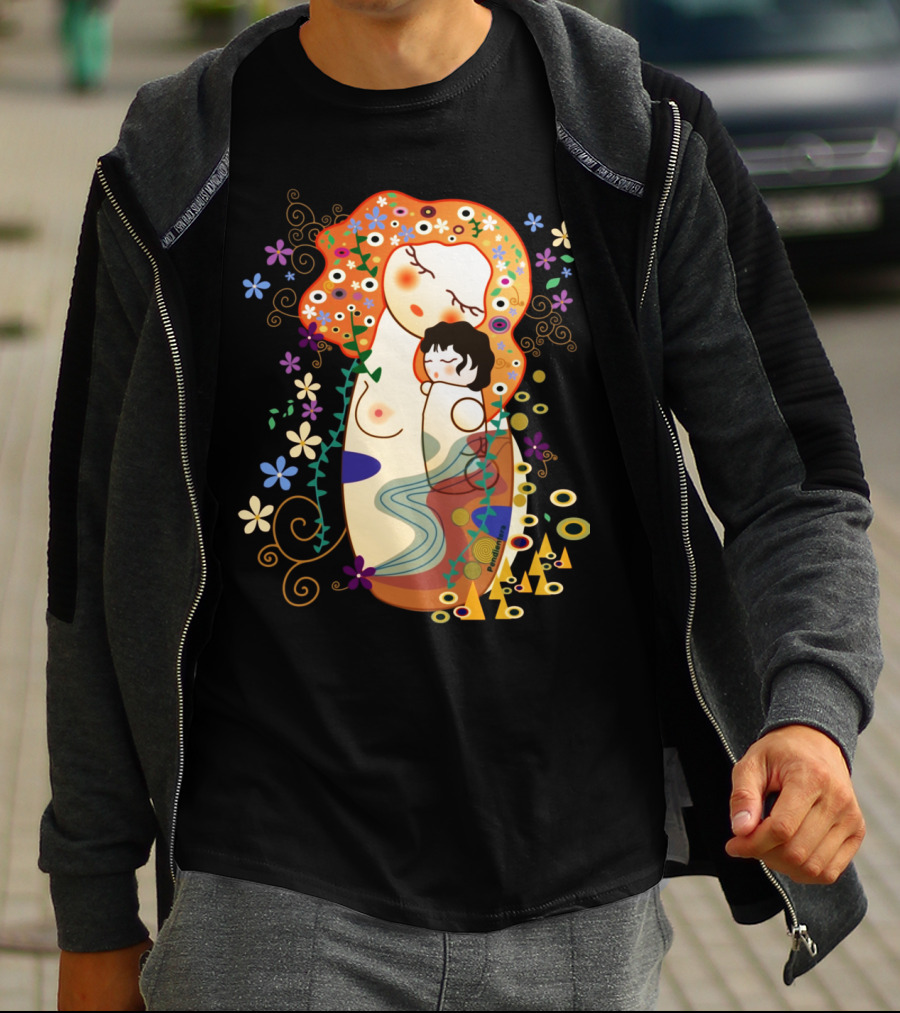 Kokeshi Mother And Child Klimt-Style Floral Artistic T-Shirt