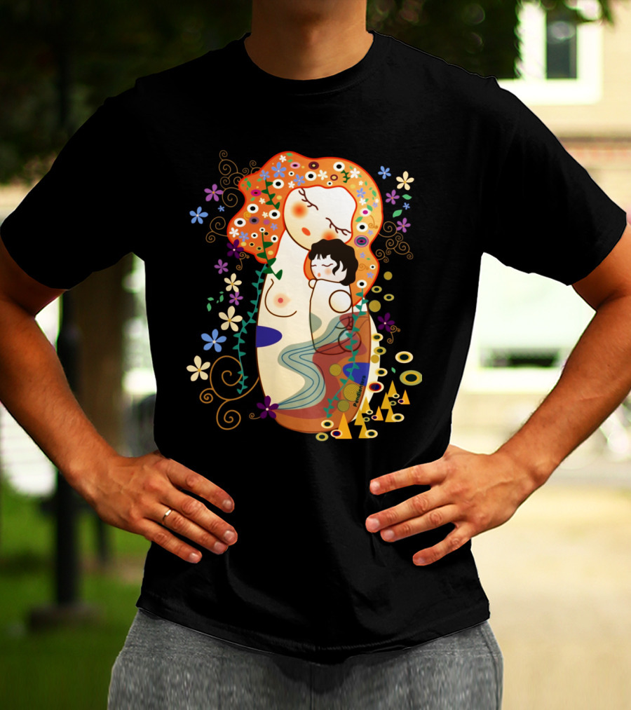 Kokeshi Mother And Child Klimt-Style Floral Artistic T-Shirt