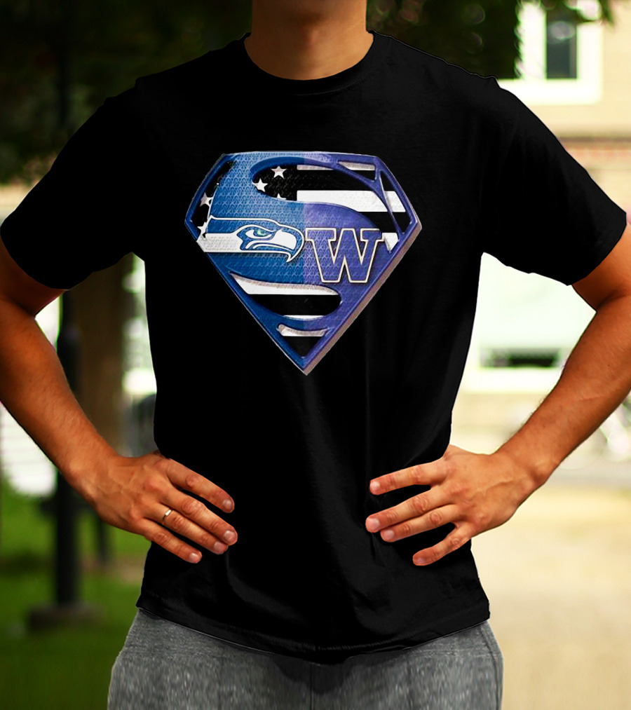 Superman Seattle Seahawks Washington Huskies Logo Combination T-Shirt