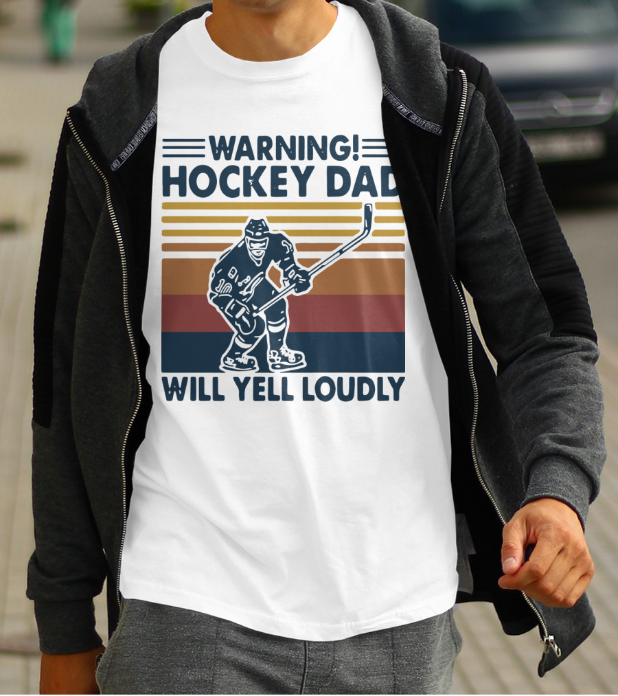 WARNING HOCKEY DAD WILL YELL LOUDLY Vintage Striped Hockey Player T-Shirt