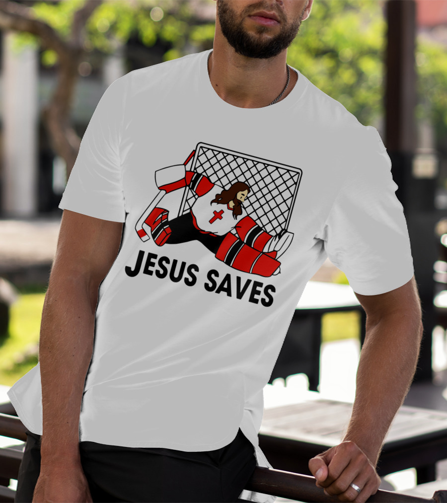 Hockey Jesus Saves Goalkeeper With Cross Motif In Action T-Shirt