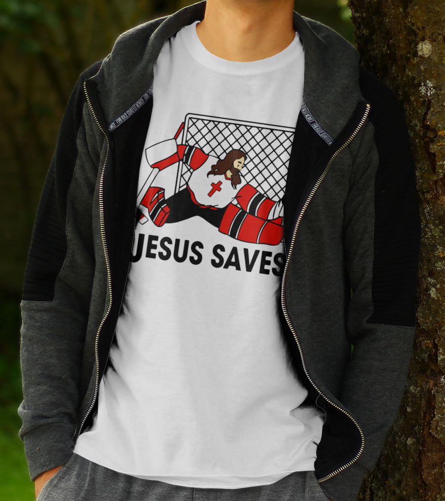 Hockey Jesus Saves Goalkeeper With Cross Motif In Action T-Shirt