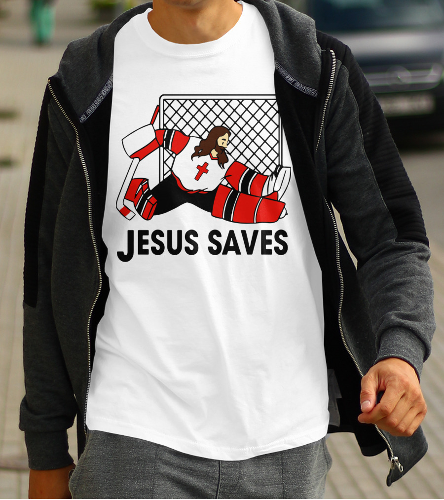 Hockey Jesus Saves Goalkeeper With Cross Motif In Action T-Shirt