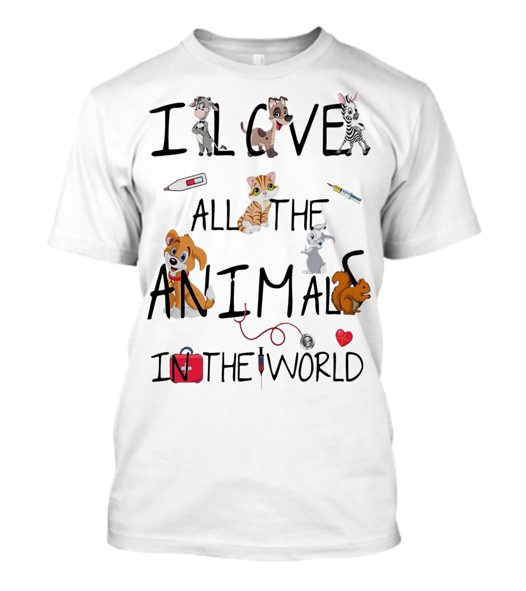 I Love All The Animals In The World Vet Theme With Cute Cartoon Animals And Medical Tools T-Shirt