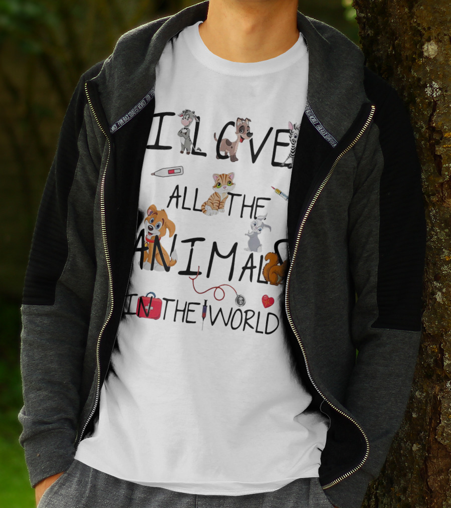 I Love All The Animals In The World Vet Theme With Cute Cartoon Animals And Medical Tools T-Shirt