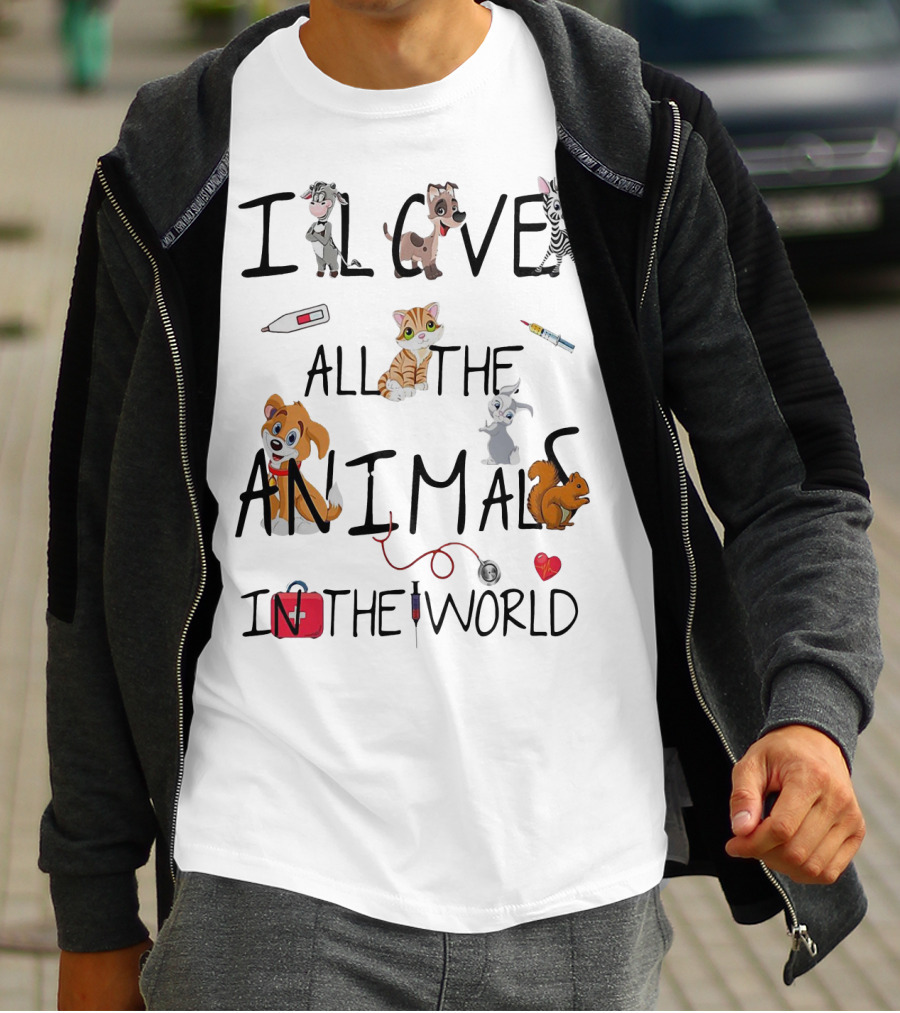 I Love All The Animals In The World Vet Theme With Cute Cartoon Animals And Medical Tools T-Shirt
