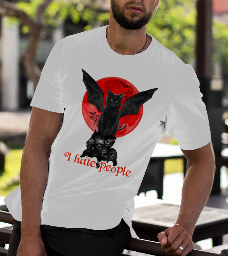 Black Bat Cat I Hate People Red Moon Skulls T-Shirt