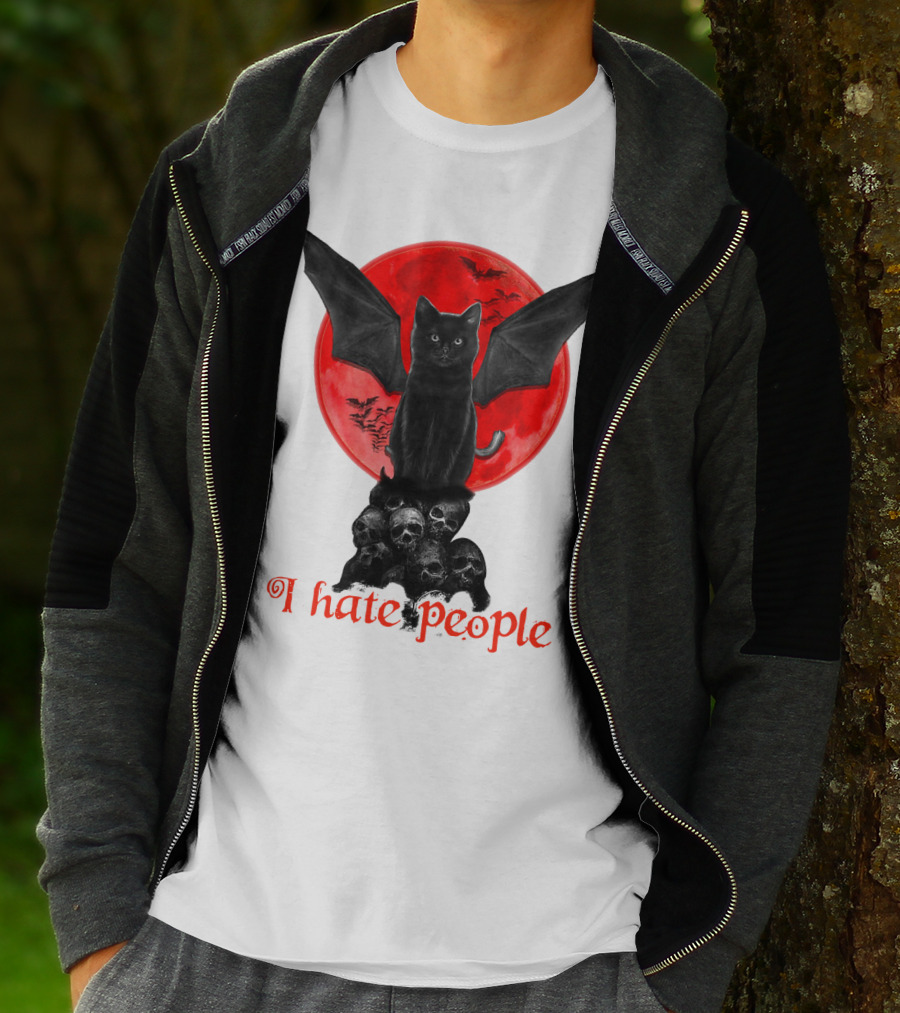 Black Bat Cat I Hate People Red Moon Skulls T-Shirt