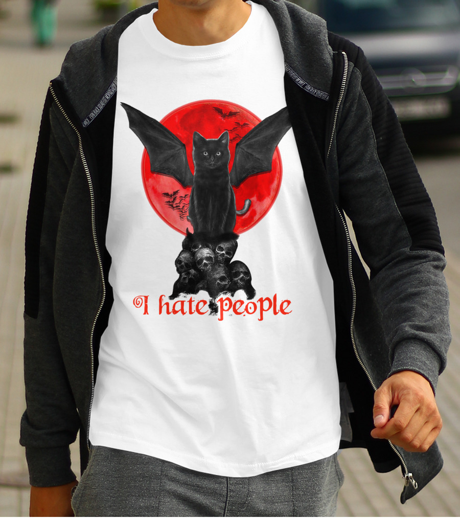 Black Bat Cat I Hate People Red Moon Skulls T-Shirt