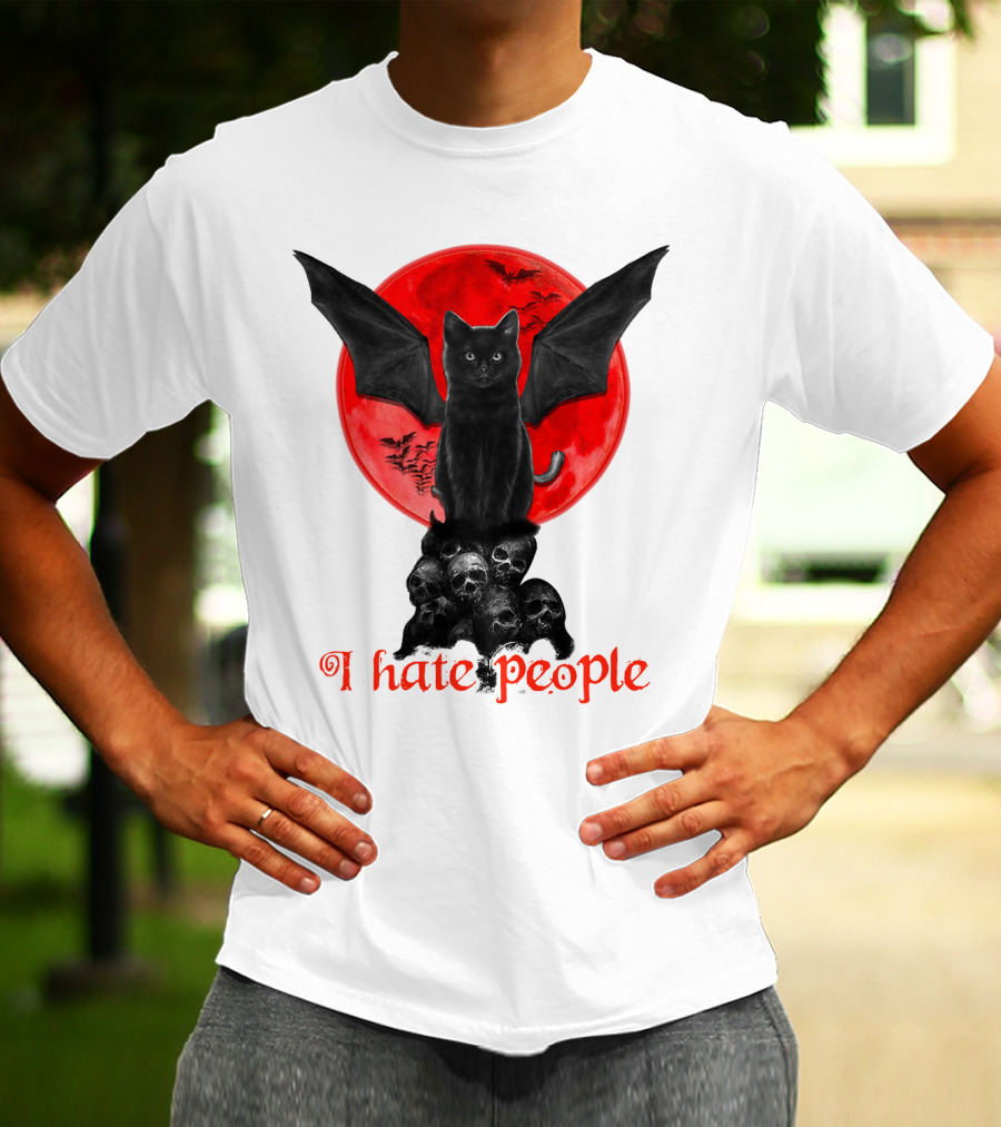 Black Bat Cat I Hate People Red Moon Skulls T-Shirt