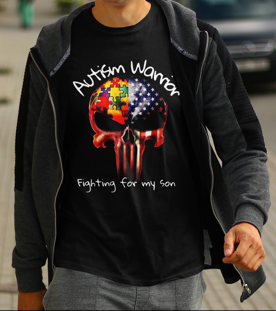 Autism Warrior Skull American Flag Puzzle Fighting For My Son T-Shirt