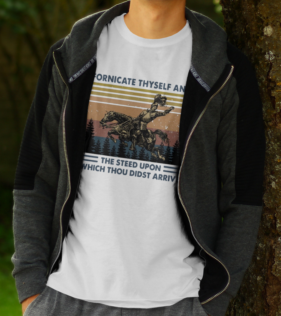 Vintage Fornicate Thyself And The Steed Upon Which Thou Didst Arrive Retro Rider Forest Stripes T-Shirt