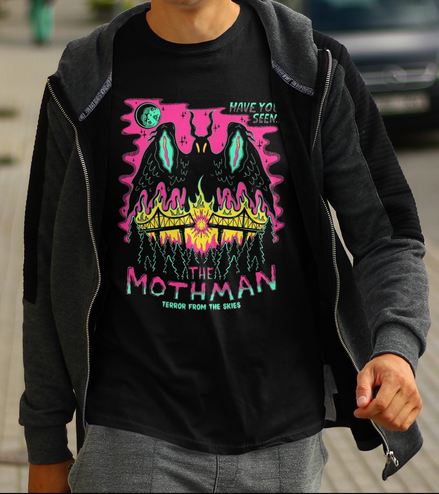 Have You Seen The Mothman Terror From The Skies Moonlit Night Fire Bridge Forest Scene T-Shirt