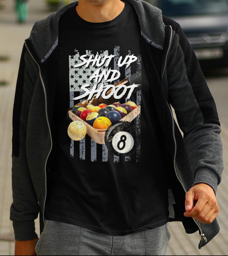 Shut Up And Shoot American Flag Billiard Eight Ball T-Shirt