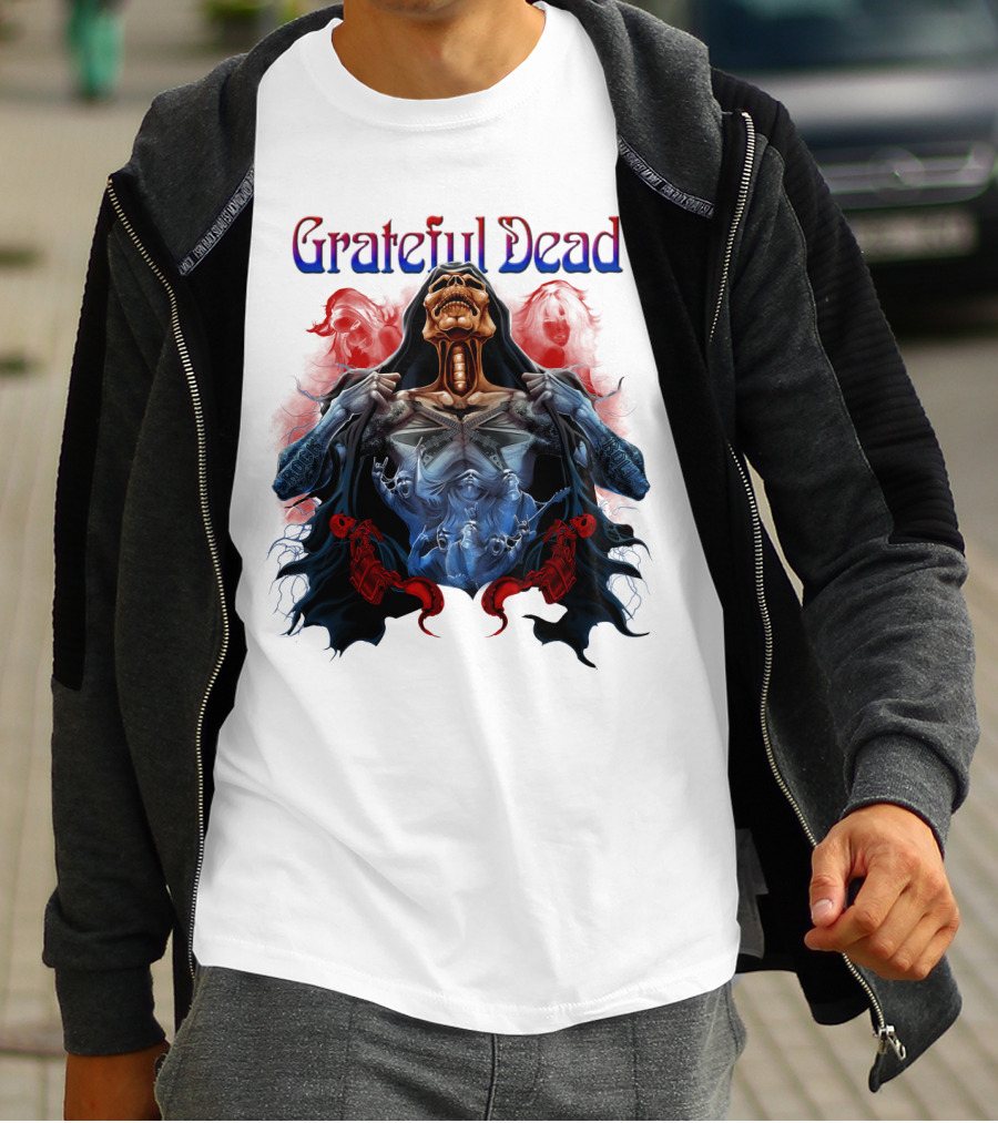 Grateful Dead Skeleton Artwork With Red And Blue T-Shirt