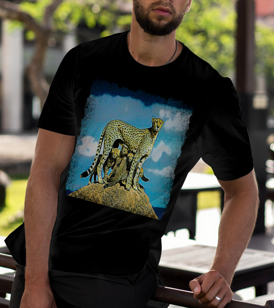Caution: Majestic Cheetah Family On Watchful Guard At Sunset T-Shirt