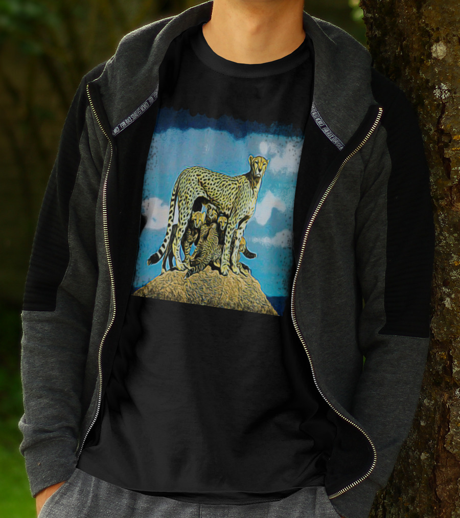 Caution: Majestic Cheetah Family On Watchful Guard At Sunset T-Shirt
