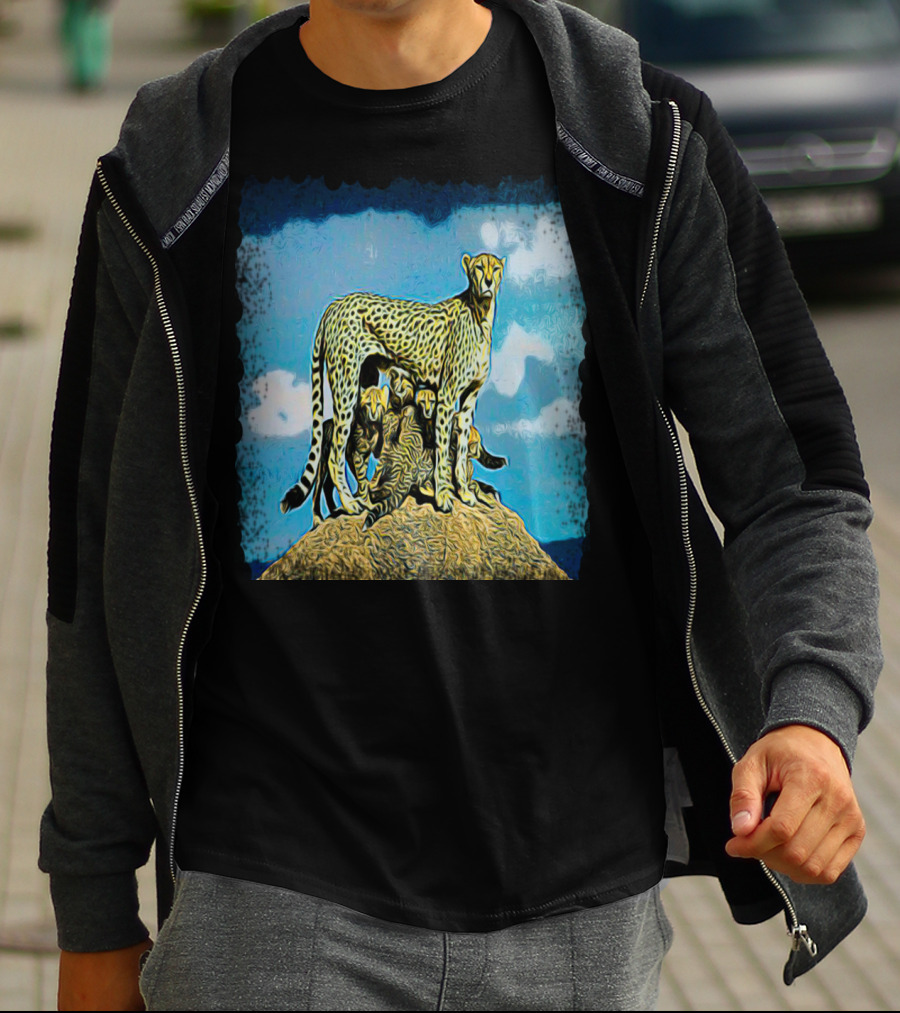 Caution: Majestic Cheetah Family On Watchful Guard At Sunset T-Shirt